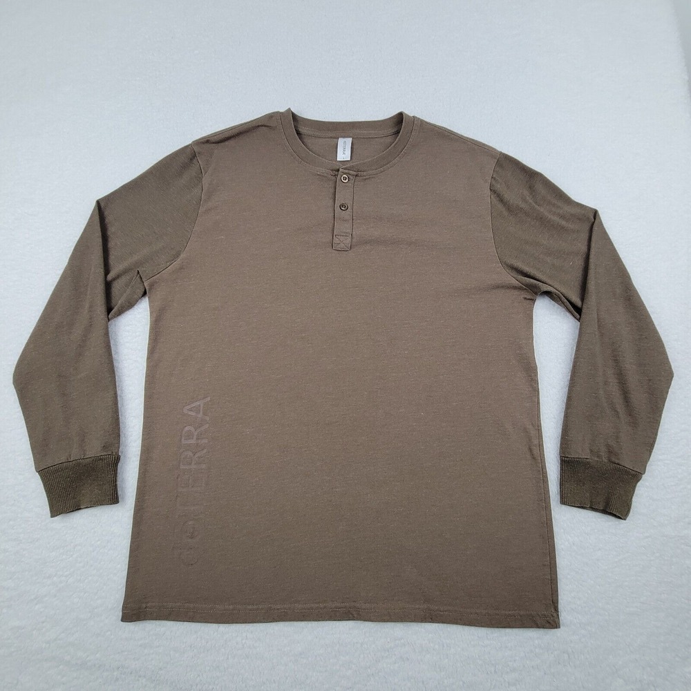 Doterra Henley Shirt Brown Mens Large L Long Sleeve Recycled PET Viscose READ
